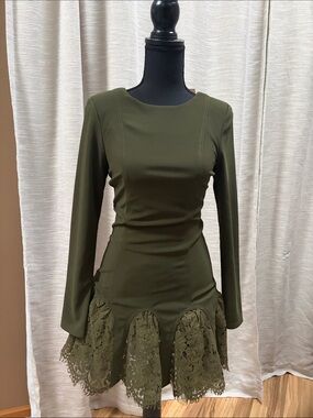 Asilio Desert Paradise Army/Khaki Green Lace-Hem Long Sleeve Fit & Flare Dress